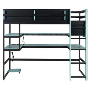English Elm Twin Loft Bed with Rgb Lighting Usb Ports Wraparound Shelves and Gaming Desk Blue LT000298AAC