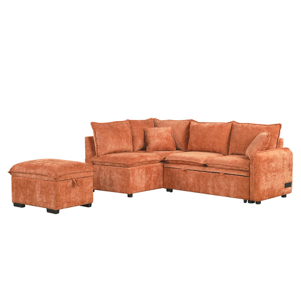 English Elm 82.67"Convertible Sofa Bed Sectional with Storage Ottoman, Power Sockets & USB Ports, Chenille Comfort Orange SG001450AAG