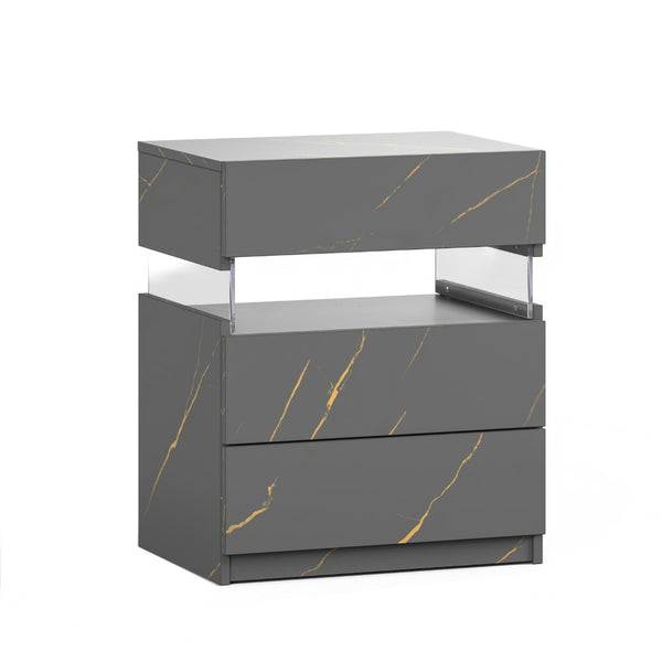 English Elm Led Nightstand with Rgb Acrylic Glow Panel Three Drawers Walnut Bedroom Table Grey+Gold W2178P412302