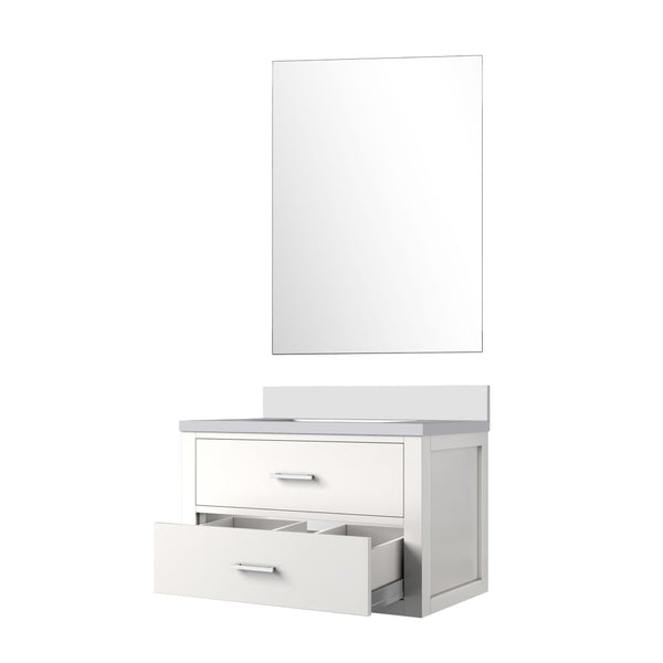 English Elm White Single Sink Vanity Set With Cultured Marble Top, Frameless Mirror & Soft-Close Storage Solutions B2731S01424-GIGA
