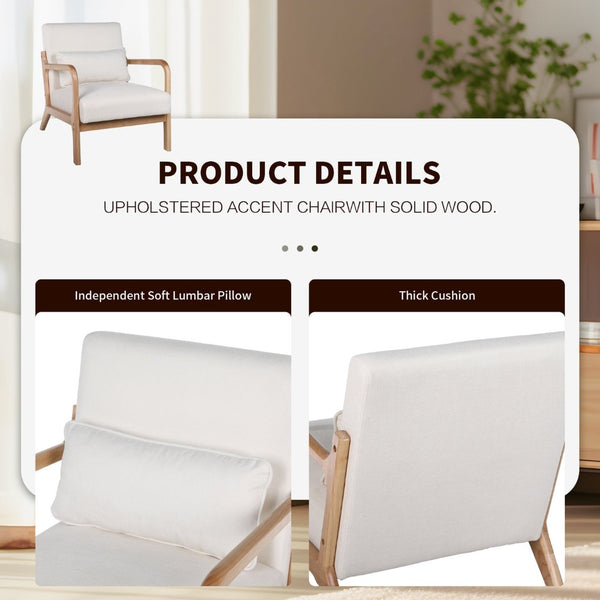 English Elm Mid Century Modern Accent Chair Solid Rubberwood Frame Lumbar Pillow Beige Living Room W2989P426363
