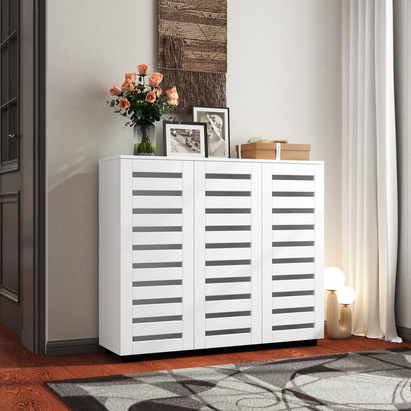 English Elm Shoe Cabinet 4-Tier Adjustable Shelf Organizer with Louvered Doors for Entryway, Bedroom, Closet White W331P242459