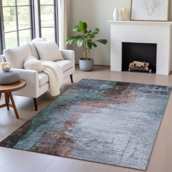 HomeRoots 9' X 12' Washable Abstract Area Rug in Blue, Brown, and Mauve - Perfect for Indoor/Outdoor Spaces! 630001