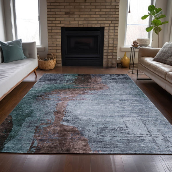 HomeRoots 9' X 12' Washable Abstract Area Rug in Blue, Brown, and Mauve - Perfect for Indoor/Outdoor Spaces! 630001