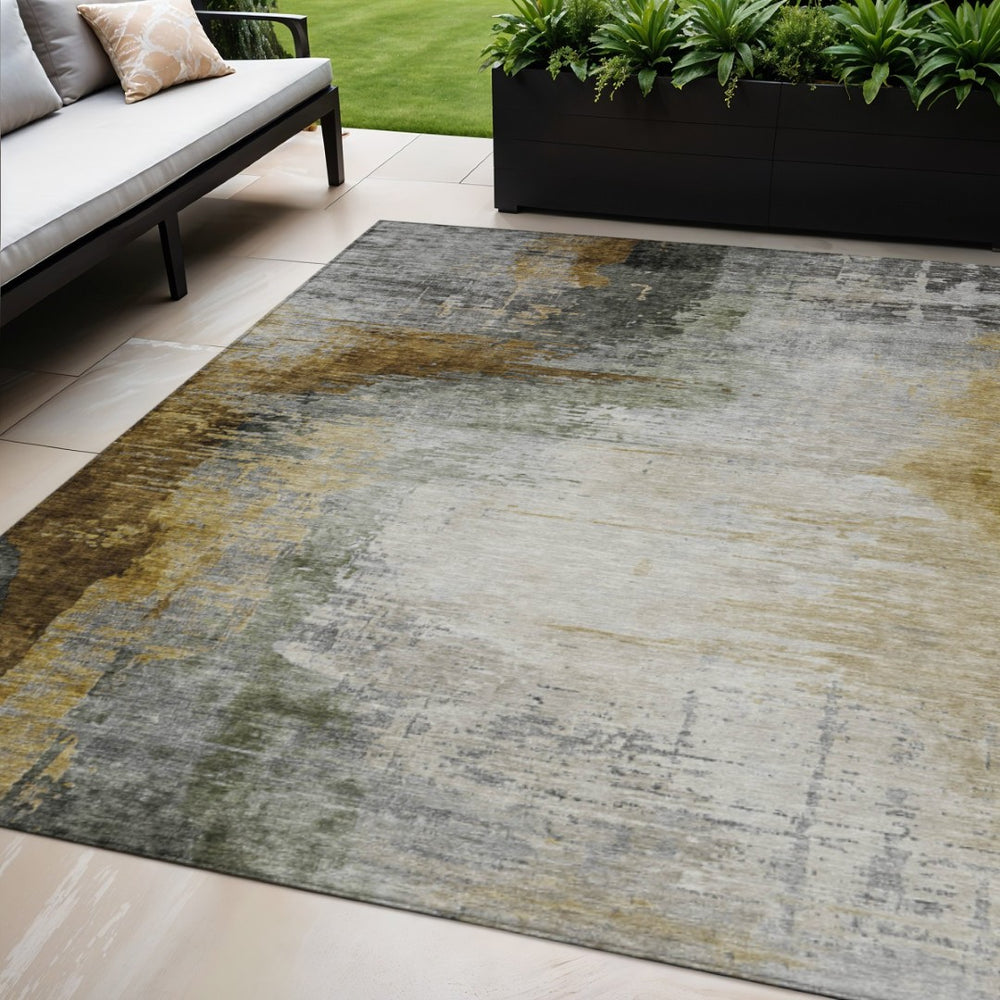 HomeRoots 5' X 8' Washable Indoor Outdoor Area Rug in Modern Chocolate Beige & Gold Abstract Design - Durable & Stylish! 630004