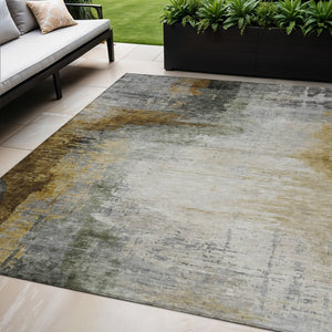 HomeRoots 5' X 8' Washable Indoor Outdoor Area Rug in Modern Chocolate Beige & Gold Abstract Design - Durable & Stylish! 630004