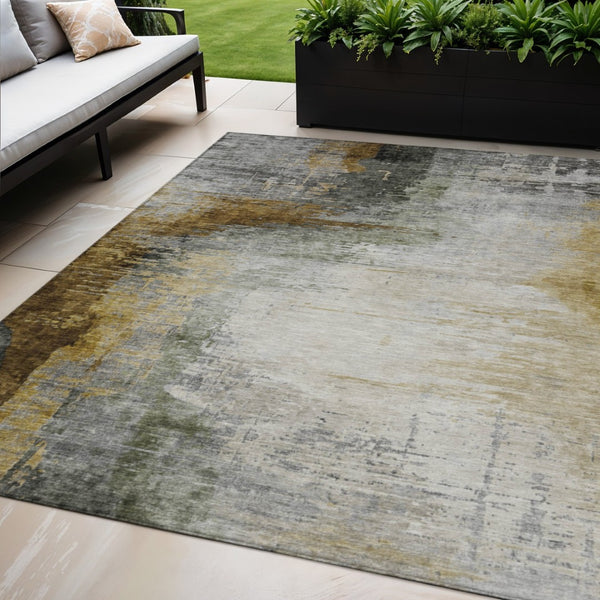 HomeRoots 5' X 8' Washable Indoor Outdoor Area Rug in Modern Chocolate Beige & Gold Abstract Design - Durable & Stylish! 630004