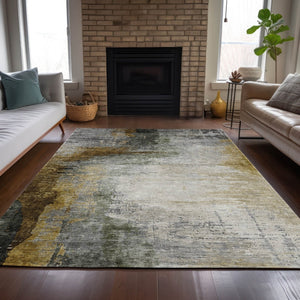 HomeRoots 5' X 8' Washable Indoor Outdoor Area Rug in Modern Chocolate Beige & Gold Abstract Design - Durable & Stylish! 630004