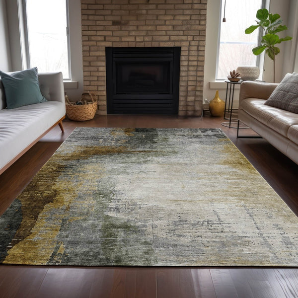 HomeRoots 5' X 8' Washable Indoor Outdoor Area Rug in Modern Chocolate Beige & Gold Abstract Design - Durable & Stylish! 630004