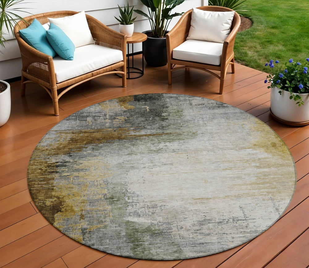 HomeRoots 8' Round Abstract Washable Area Rug in Chocolate, Beige & Gold – Durable Indoor/Outdoor Style Upgrade! 630005