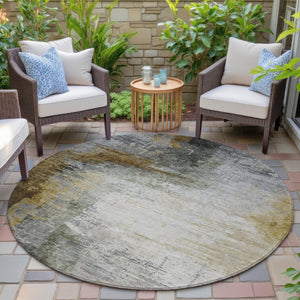 HomeRoots 8' Round Abstract Washable Area Rug in Chocolate, Beige & Gold – Durable Indoor/Outdoor Style Upgrade! 630005