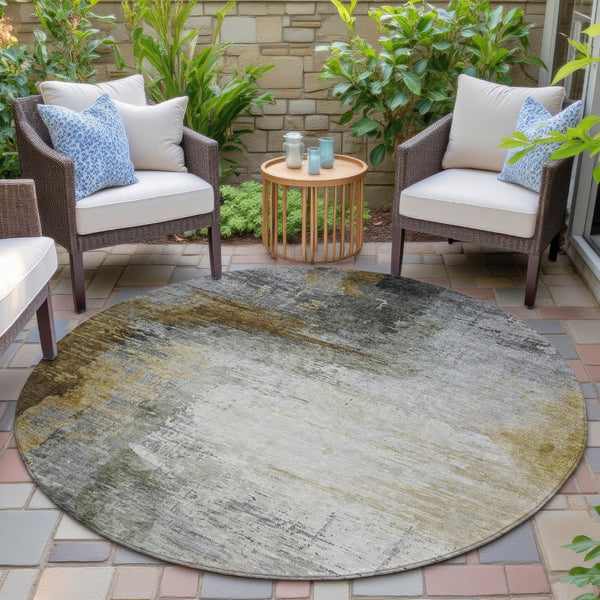 HomeRoots 8' Round Abstract Washable Area Rug in Chocolate, Beige & Gold – Durable Indoor/Outdoor Style Upgrade! 630005