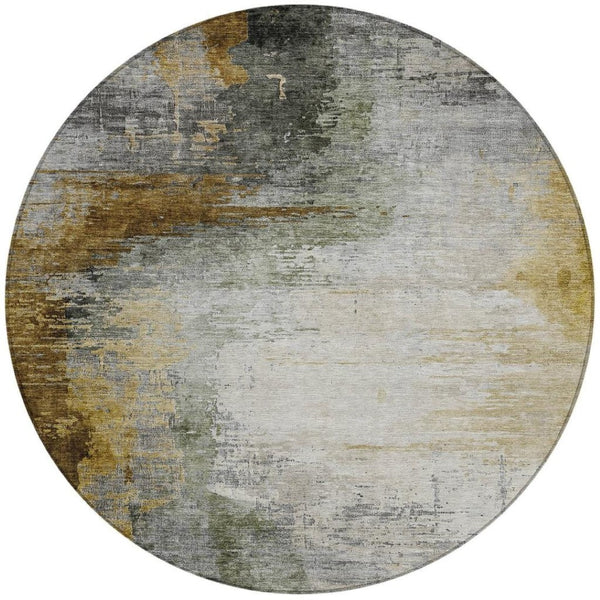 HomeRoots 8' Round Abstract Washable Area Rug in Chocolate, Beige & Gold – Durable Indoor/Outdoor Style Upgrade! 630005