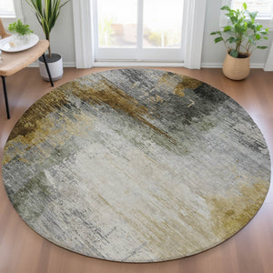 HomeRoots 8' Round Abstract Washable Area Rug in Chocolate, Beige & Gold – Durable Indoor/Outdoor Style Upgrade! 630005