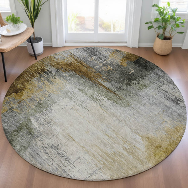 HomeRoots 8' Round Abstract Washable Area Rug in Chocolate, Beige & Gold – Durable Indoor/Outdoor Style Upgrade! 630005