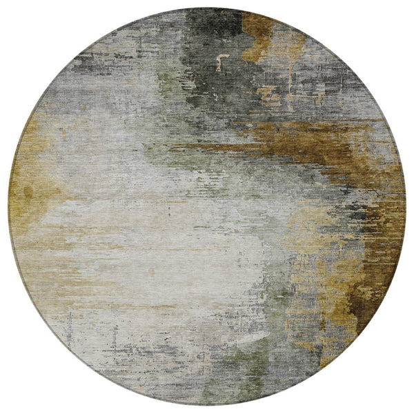HomeRoots 8' Round Abstract Washable Area Rug in Chocolate, Beige & Gold – Durable Indoor/Outdoor Style Upgrade! 630005