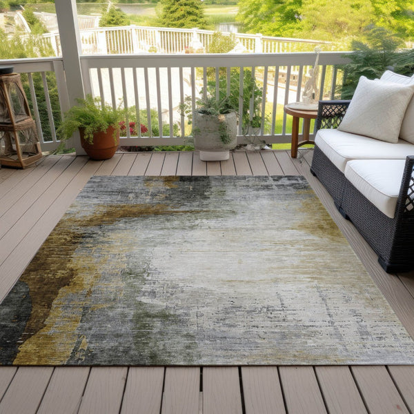 HomeRoots 8' X 10' Stylish Chocolate Beige & Gold Abstract Washable Area Rug for Indoor & Outdoor Spaces 630006