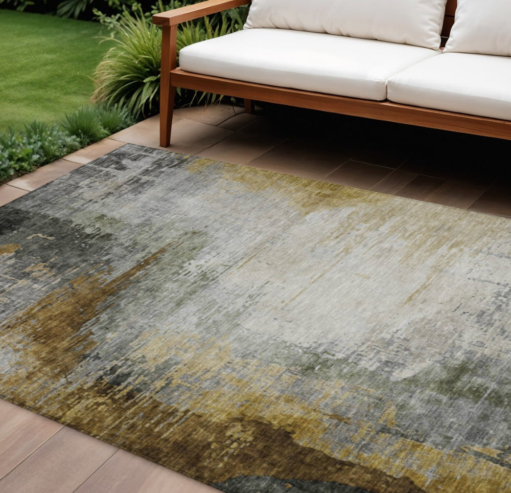 HomeRoots 10' Chocolate Beige & Gold Abstract Area Rug – Washable, Durable, Indoor/Outdoor for High-Traffic Spaces 630008