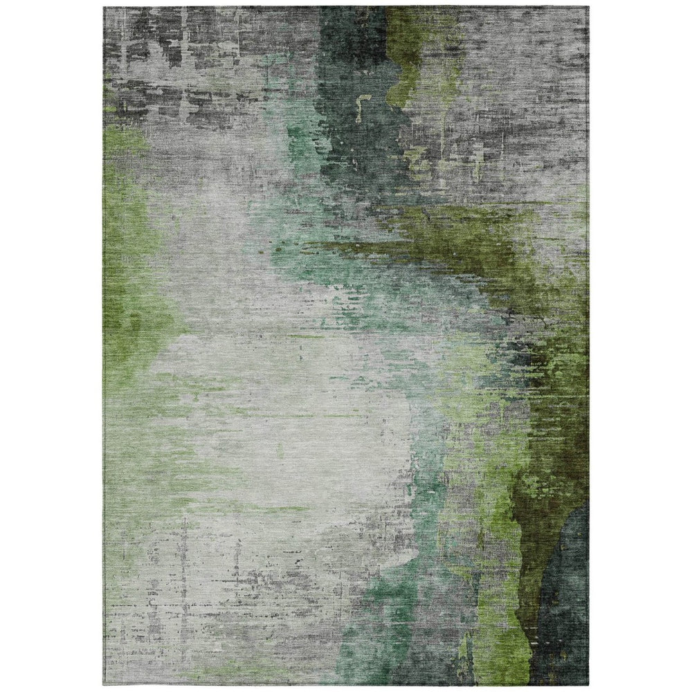 HomeRoots 5' Modern Abstract Area Rug in Green, Charcoal & Silver – Washable, Stain-Resistant for Indoors & Outdoors 630010
