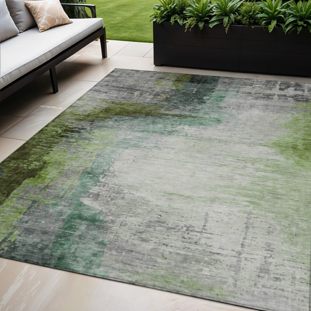 HomeRoots 5' Modern Abstract Area Rug in Green, Charcoal & Silver – Washable, Stain-Resistant for Indoors & Outdoors 630010
