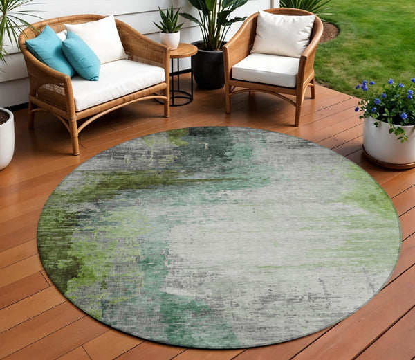 HomeRoots 8' Abstract Round Area Rug in Green, Charcoal & Silver - Washable, Durable for Indoors & Outdoors 630011