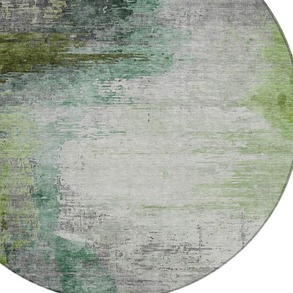 HomeRoots 8' Abstract Round Area Rug in Green, Charcoal & Silver - Washable, Durable for Indoors & Outdoors 630011