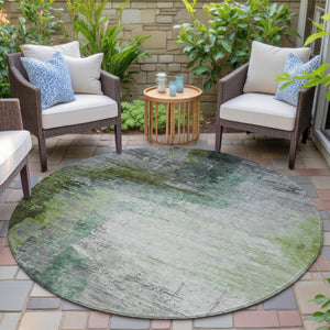 HomeRoots 8' Abstract Round Area Rug in Green, Charcoal & Silver - Washable, Durable for Indoors & Outdoors 630011