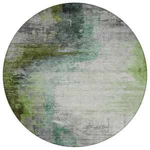 HomeRoots 8' Abstract Round Area Rug in Green, Charcoal & Silver - Washable, Durable for Indoors & Outdoors 630011