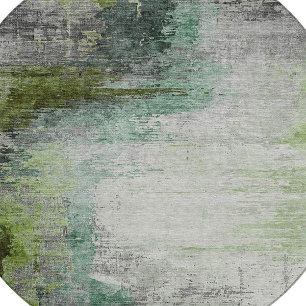 HomeRoots 8' Abstract Round Area Rug in Green, Charcoal & Silver - Washable, Durable for Indoors & Outdoors 630011