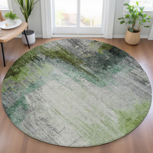 HomeRoots 8' Abstract Round Area Rug in Green, Charcoal & Silver - Washable, Durable for Indoors & Outdoors 630011