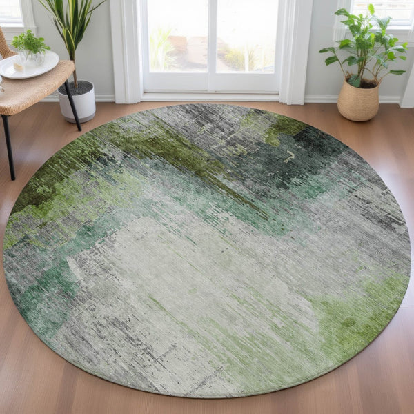 HomeRoots 8' Abstract Round Area Rug in Green, Charcoal & Silver - Washable, Durable for Indoors & Outdoors 630011