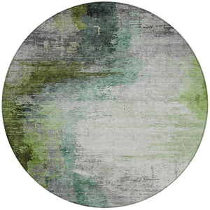 HomeRoots 8' Abstract Round Area Rug in Green, Charcoal & Silver - Washable, Durable for Indoors & Outdoors 630011