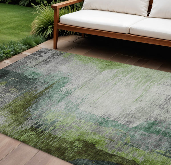 HomeRoots 8' X 10' Green Charcoal Silver Abstract Rug - Stylish, Washable Indoor/Outdoor Design for All Spaces 630012