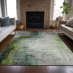 HomeRoots 9' X 12' Washable Abstract Area Rug in Green, Charcoal & Silver - Perfect for Indoor & Outdoor Use! 630013