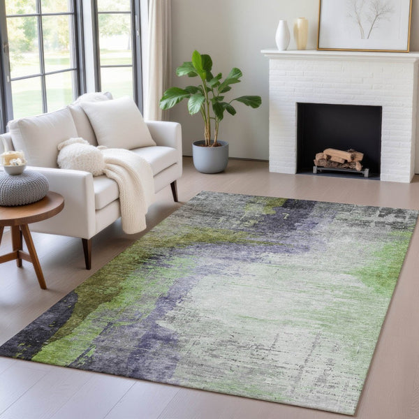 HomeRoots 5' X 8' Abstract Washable Indoor Outdoor Area Rug in Plum, Green & Silver – Stylish & Durable Accent 630016