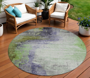 HomeRoots 8' Round Abstract Area Rug in Plum, Green & Silver - Washable, Durable, Indoor/Outdoor Design 630017