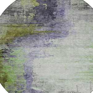 HomeRoots 8' Round Abstract Area Rug in Plum, Green & Silver - Washable, Durable, Indoor/Outdoor Design 630017