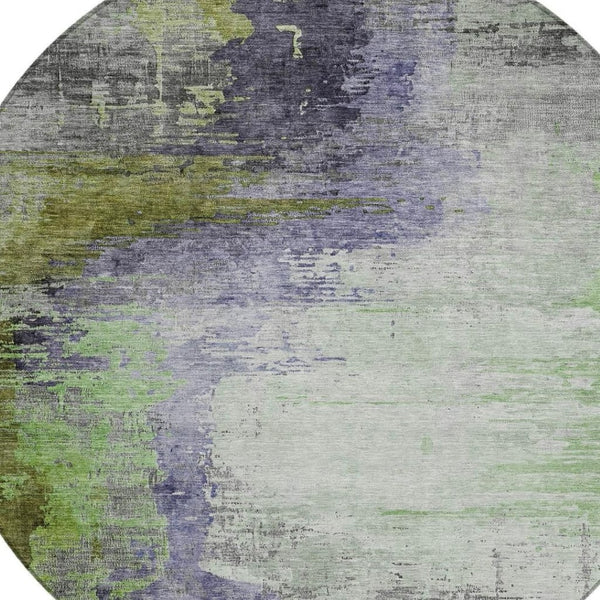 HomeRoots 8' Round Abstract Area Rug in Plum, Green & Silver - Washable, Durable, Indoor/Outdoor Design 630017
