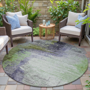 HomeRoots 8' Round Abstract Area Rug in Plum, Green & Silver - Washable, Durable, Indoor/Outdoor Design 630017