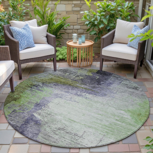 HomeRoots 8' Round Abstract Area Rug in Plum, Green & Silver - Washable, Durable, Indoor/Outdoor Design 630017