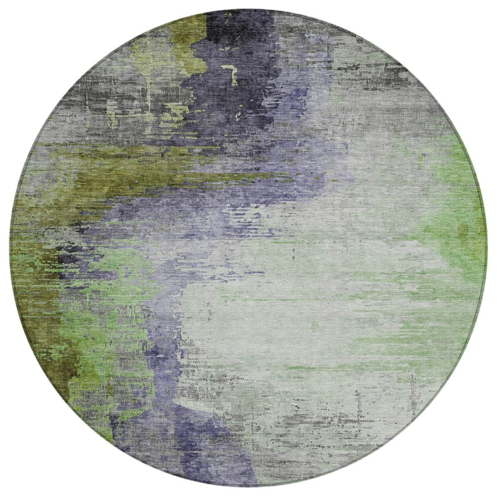 HomeRoots 8' Round Abstract Area Rug in Plum, Green & Silver - Washable, Durable, Indoor/Outdoor Design 630017