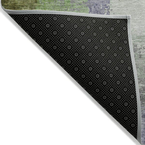 HomeRoots 8' Round Abstract Area Rug in Plum, Green & Silver - Washable, Durable, Indoor/Outdoor Design 630017