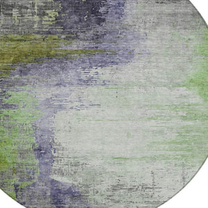 HomeRoots 8' Round Abstract Area Rug in Plum, Green & Silver - Washable, Durable, Indoor/Outdoor Design 630017