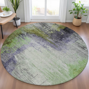 HomeRoots 8' Round Abstract Area Rug in Plum, Green & Silver - Washable, Durable, Indoor/Outdoor Design 630017
