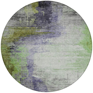HomeRoots 8' Round Abstract Area Rug in Plum, Green & Silver - Washable, Durable, Indoor/Outdoor Design 630017
