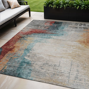 HomeRoots 5' Washable Teal Blue, Mauve & Beige Abstract Area Rug - Durable Indoor/Outdoor Style for All Spaces 630022