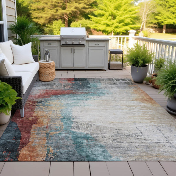 HomeRoots 5' Washable Teal Blue, Mauve & Beige Abstract Area Rug - Durable Indoor/Outdoor Style for All Spaces 630022