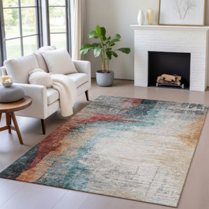 HomeRoots 5' Washable Teal Blue, Mauve & Beige Abstract Area Rug - Durable Indoor/Outdoor Style for All Spaces 630022