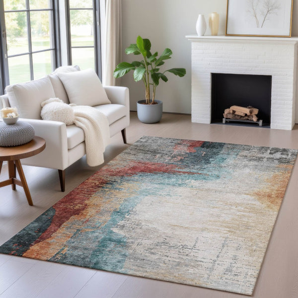 HomeRoots 5' Washable Teal Blue, Mauve & Beige Abstract Area Rug - Durable Indoor/Outdoor Style for All Spaces 630022