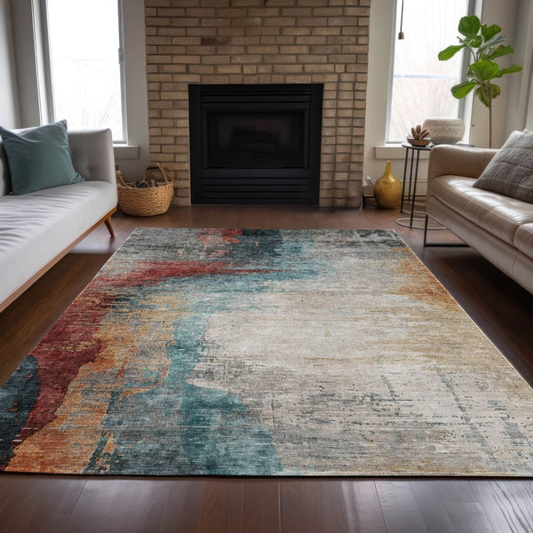 HomeRoots 5' Washable Teal Blue, Mauve & Beige Abstract Area Rug - Durable Indoor/Outdoor Style for All Spaces 630022